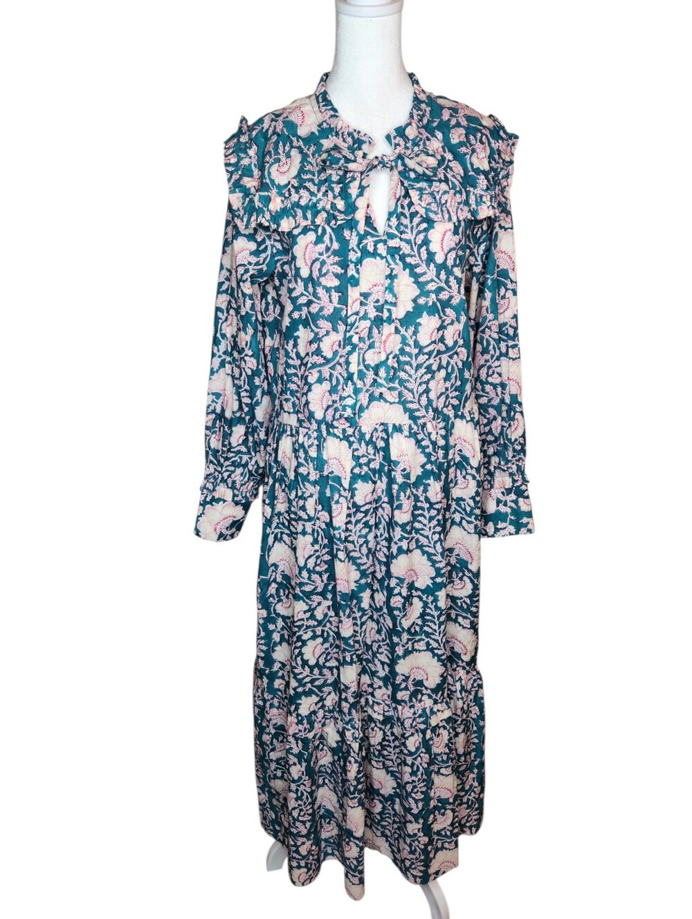 NWOT Oliphant & Indigo Teal Tie Neck Ruffle Color Tiered Maxi Dress Size S